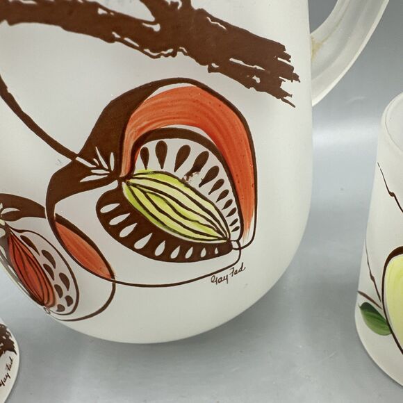 Vintage Gay Fad Hazel Atlas Frosted Pitcher Glass Set Stone Fruit Hand-Painted - Picture 10 of 11